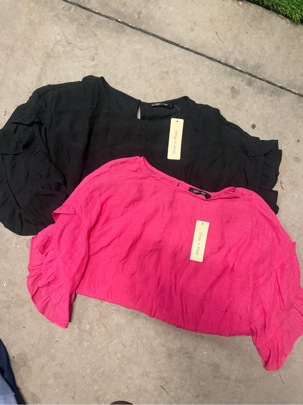 Doe & Rae Ruffle Sleeve Blouse in Black and Hot Pink